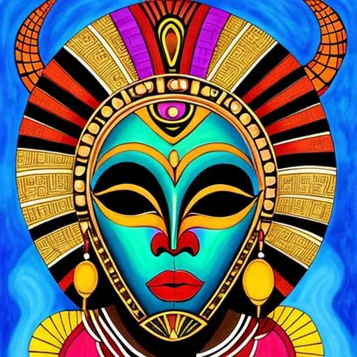 Prompt: whimsical, mystical, deep colors, colorful, rich ink, African mask, african theme