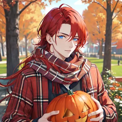 Prompt: Zerif 1male (Red side-swept hair covering his right eye, blue eyes), highly detailed face, wearing a cozy flannel shirt and a pair of stylish jeans. In the park, fall.  wearing a scarf, looking up at the sky, in a pumpkin patch, adult. Handsome,  detailed, UHD, HD, 4K, highly detailed, red haze, masculine, anime style