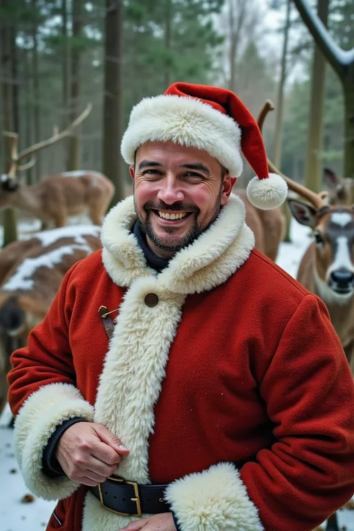 Prompt: Close up medium shoot portrait of a bald man dressed as Santa Claus (()) in the middle of the forest with snow and deers playing around him