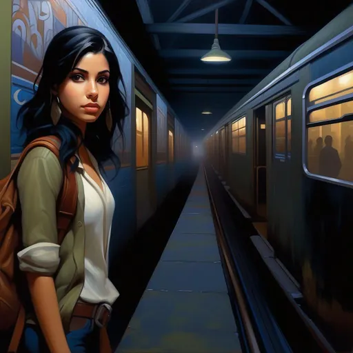 Prompt: Third person, gameplay, Puerto Rican girl, pale olive skin, black hair, dark brown eyes, late 2000s, abandoned subway station, foggy, dark blue atmosphere, cartoony style, extremely detailed painting by Greg Rutkowski and by Henry Justice Ford and by Steve Henderson 