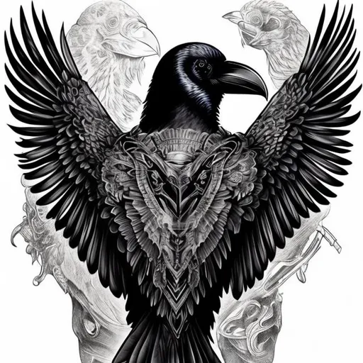 Prompt: raven bird full back tattoo