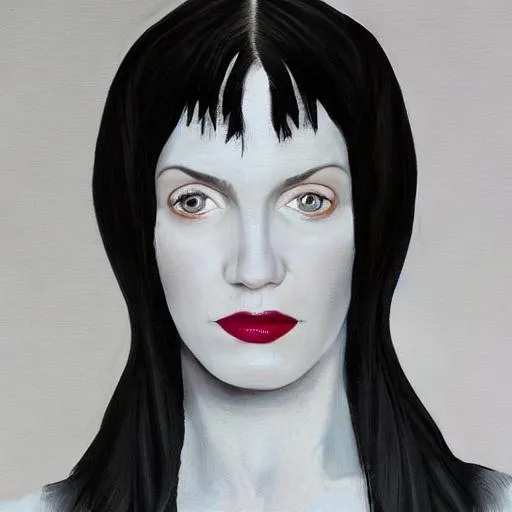 Prompt: hyper realistic portrait painting of black haired 35 year old  white 
woman with slightly up turned hooded hazel eyes and  small pointy nose, dark eyebrows with an arch on the right brow, greying hair with most of the gray on top and the under hair is dark brown, mid height cheek bones, full bottom lip with a smaller upper lip, round face,  eye are symmetrical, birth mark  that is finger print size on the right side of chin