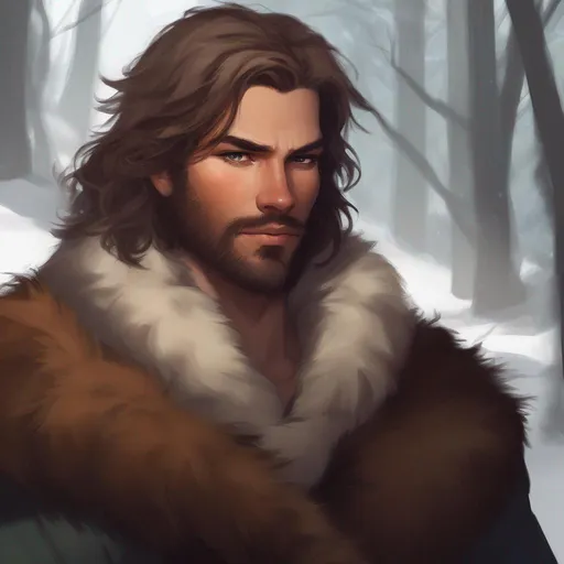 Prompt: dnd a male human with long messy brown hair and a messy stubble beard wearing pelts and furs in the forest