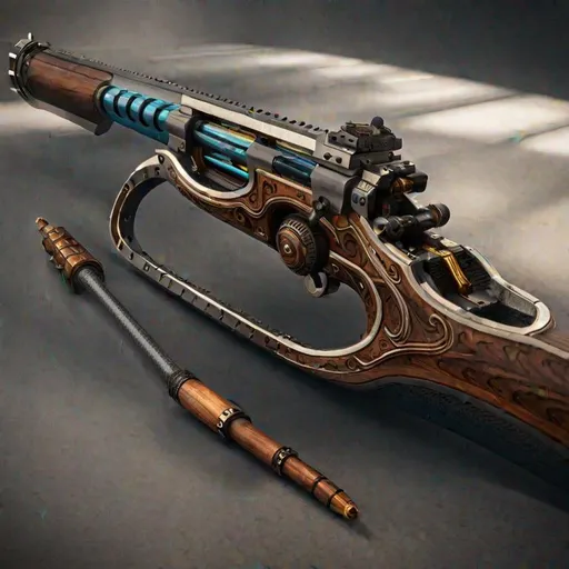 Prompt: Arcane Rifle, Highly Detailed, Rifle based shape and designed4k quality, Blue Energy cell in weapon, Design inspired by Dungeons and Dragons, ultra-detail, sharp look, High-Texture Blender, Unreal engine, hyper realistic, photorealistic, photograph, unreal engine render