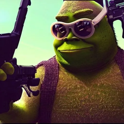 Prompt: banana man shots frogman with a ak-47 on a shrek planet