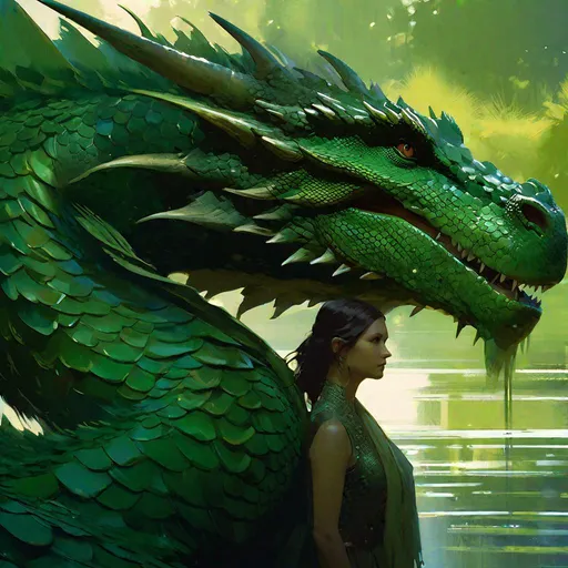 Prompt: "Masterpiece, best quality, side view shot, a large majestic scaly, proud, dragon-like creature, green scales, in the Lauwersmeer, concept art by Jeremy Mann and Abigail Larson and Carne Griffith, intricate, highly detailed, cinematic, UHD, bokeh, depth of field."