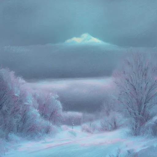 Prompt: Diamond blizzard over a snowy landscape in pastel