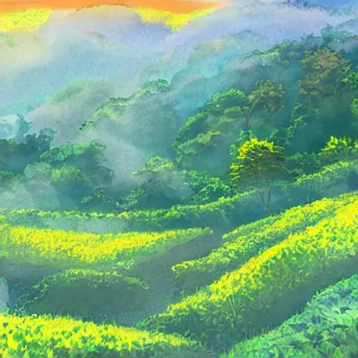 Prompt: Painting of forested mountains in spring, morning fog and many birds, terraced fields of tea bushes, many distant farmers picking tea, natural lighting, in the sky, with bright colors, by studio Ghibli 