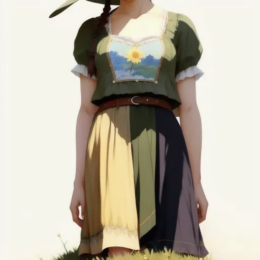 Prompt: A country styled girl in a meadow, sitting on a rock, with a sun hat, perfect features, extremely detailed, realistic. Krenz Cushart + loish +gaston bussiere +craig mullins, j. c. leyendecker +Artgerm, 