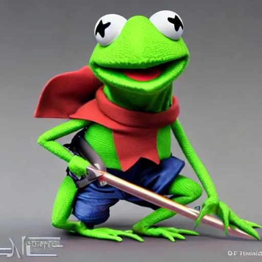 Prompt: Kermit the frog as a battle ready ninja. He is wielding a katana with his hand. Hyper realistic, 3D rendering Pixar, accurate eyes