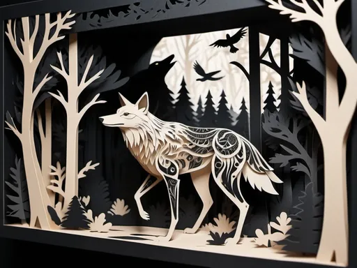 Prompt: papercraft illustration of a surreal forest, black coyote and ravens, deep black and bone color palette, paper-cut style, intricate details, high quality, surreal, stark, papercraft, flat design, surreal forest, intricate details, highres, ultra-detailed, professional