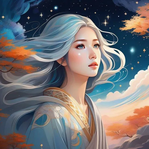 Prompt: Design an anime artist who specializes in creating dreamlike murals that transport viewers to otherworldly realms. She wears a flowing cloak with patterns reminiscent of shifting clouds and constellations. Her hair cascades like a waterfall, and her eyes have a distant, dreamy gaze. The illustration should depict her painting a mural on a wall, where the scenes she paints blend seamlessly into a dreamscape that defies the boundaries of reality.

