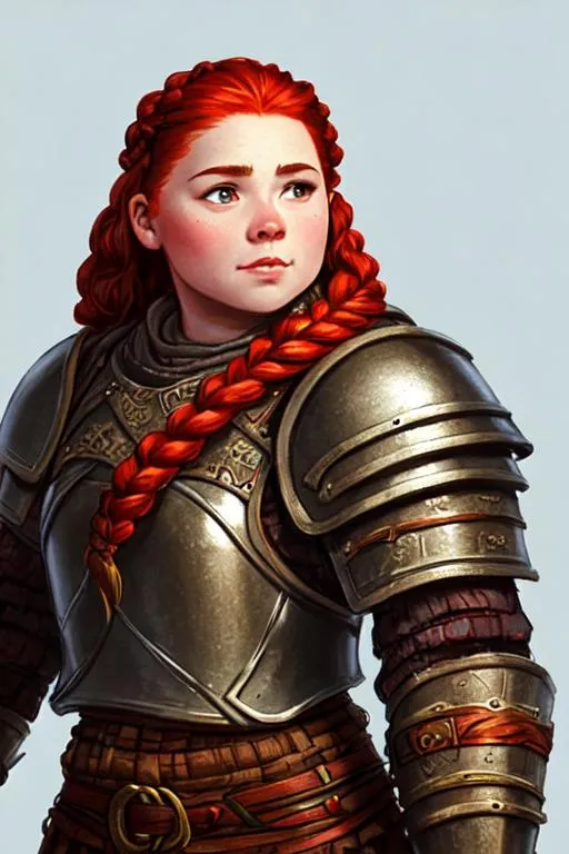 female dwarf paladin in heavy full plate armor with...