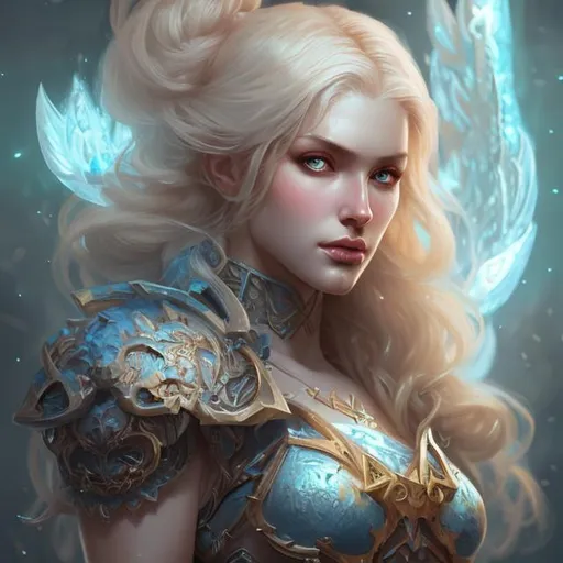 Prompt: beautiful female aasimar, blonde, muscular upper body, D&D, fantasy, intricate, elegant, highly detailed, digital painting, artstation, concept art, smooth, sharp focus, illustration, white eyes with blue outline