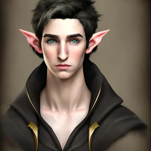 Prompt: Portrait, realistic, young male elf wizard with black hair.