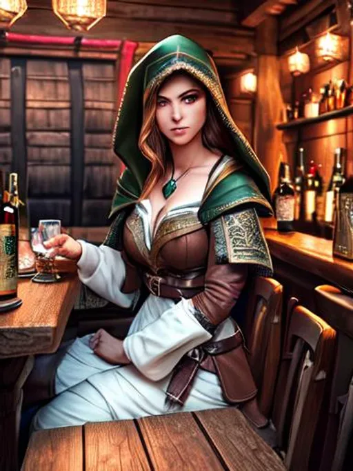 Prompt: Half elf female rogue with hood ,wine at tarven's bar, turkey on wooden table, random mugs of ale, fantasy, dnd, ultra-fine details, intricate scene, ambient lighting, symmetrical facial features, accurate anatomy, sharp focus, final fantasy cgi still, artgerm, taken on nikon d750, scenic, splash art, tumblr instagram  