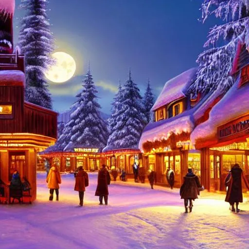 Prompt: winter town centre inspired by Evgeny Lushpin, Peter Zumthor,bus,people walking winter sunset,full moon,p