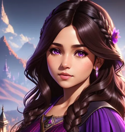 Prompt: Artgerm, 3d render, adorable child with long curly dark brown hair and purple eyes | brown skin | latin skin girl | wearing lilac dress | dragon age, the witcher, d & d, atmospheric,,elder scrolls,, Intricate, Elegant, airbrush art, Scenic, Hyper-Realistic, CryEngine, Octane Render, 8k, symmetrical face, accurate anatomy