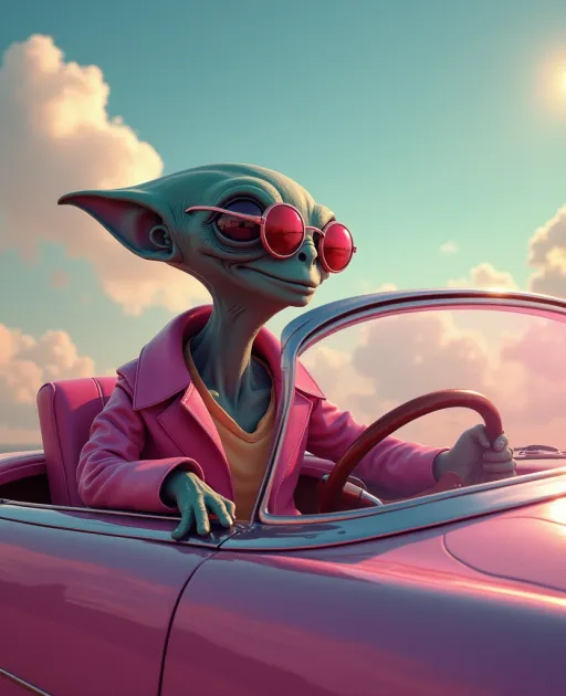 Prompt: alien wearing sunglasses driving a classic car smiling with pink overtones in sky

