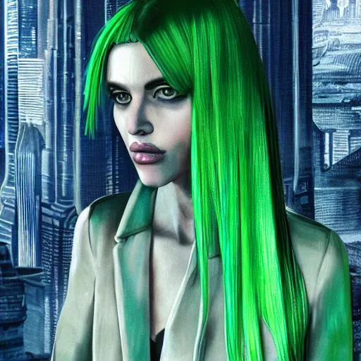 Prompt: Portrait of {attractive, slim woman} with {green and shiny} hair and with heroin chic face, {Blade Runner-style city background}, perfect composition, hyperrealistic, super detailed, 8k, high quality, trending art, trending on artstation, sharp focus, studio photo, intricate details, highly detailed, by greg rutkowsk