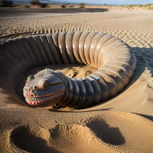 Prompt: extremely detailed and realistic gigantic worm eerie out of sand with people around falling, live action, realistic, ultra detailed humans, photorealistic, volumetric lighting