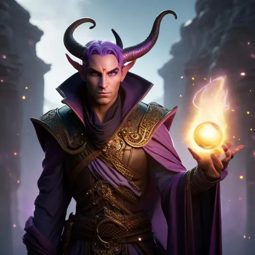 Prompt: portrait painting of a elder male magical tiefling rogue thief with lavender skintone and ram horns on the forehead and holding a gemstone in his hands, ultra realistic, concept art, intricate details, eerie, highly detailed, photorealistic, octane render, 8 k, unreal engine. art by artgerm and greg rutkowski and charlie bowater and magali villeneuve and alphonse mucha, looking at camera, wearing an ultra detailed texture purple hoodie, freckles