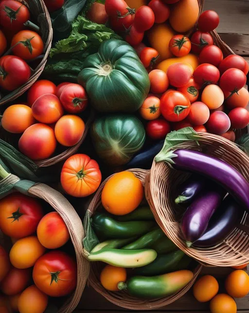 Prompt: A still life image showcasing the bountiful variety of organic produce at a farmers market stand on a sunny summer day. Vibrant red tomatoes, dark purple eggplants, rainbow Swiss chard, oranges and peaches spilling out of baskets. Shot from above with natural soft lighting to accentuate the textures and colors. The scene conveys the simple joy of fresh locally-grown food. In the style of food photographer Erika Follansbee. 