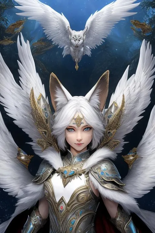 Prompt: 4 winged cat, multiple eyes on the head, (masterpiece), (best quality:1.2), (intricate detail), dynamic angle, looking at viewer, (1male), ((solo)), (((full body))), (slender), (((tabaxi))), (((white fur))), ((blue pupils)), (((light armor))), black armor, ((cloak)), mysterious, ((ominous expression))