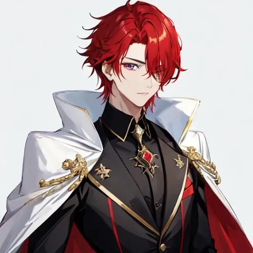 Prompt: Zerif 1male (Red side-swept hair covering his right eye) wearing a black royal suit, white cape, 