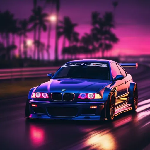 Prompt: 2001 BMW M3 E46 GTR, synthwave, aesthetic cyberpunk, miami, highway, dusk, neon lights, coastal highway, dusk, neon lights, coastal highway, sunset, drift, nurburgring