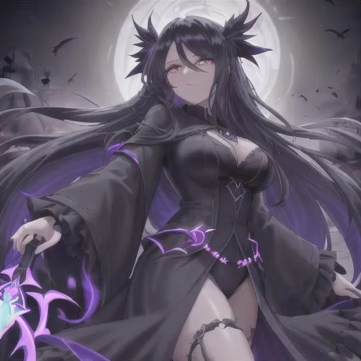 Prompt: Please create an image of a beautiful necromancer standing in a dark and ominous graveyard. The necromancer is dressed in a flowing, dark robe with intricate patterns, and she is holding a fan made of black feathers. She has long, flowing hair that is as dark as her robe, and her eyes are a piercing green that seems to glow in the darkness. The graveyard is filled with tall, looming tombstones that cast eerie shadows on the ground, and the sky above is a deep shade of purple and blue with a full moon shining bright. In the distance, you can hear the faint sound of howling wolves and cawing crows. The necromancer seems to be lost in concentration, with a focused expression on her face. Perhaps she is summoning the spirits of the dead, or casting a powerful spell