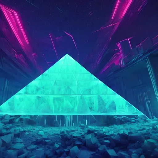 Prompt: wide view cropped image, base point of view, giant crystal pyramid, overhead neon green lighting, infinity vanishing point, neon blue nebula background