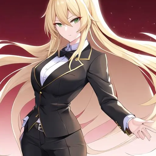 Prompt: Kazumi 1female. Long Blonde hair that stops at her shoulders. Sharp and lively green eyes. Wearing a  sleek and stylish ensemble, with a tailored blazer, crisp button-up shirt, and fashionable trousers. 