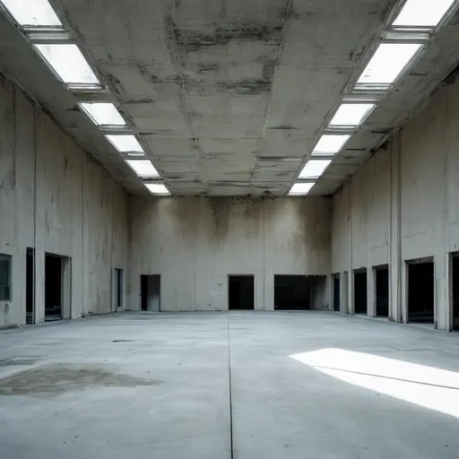 Prompt: Large empty building, liminal space, uncomfortable feeling