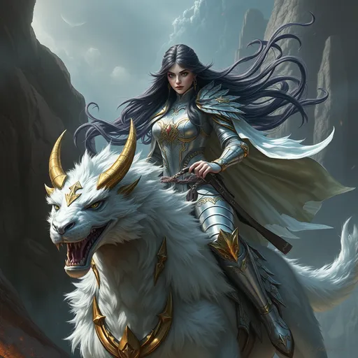 Prompt: (epic fantasy character art), a woman with (long flowing dark hair), wearing (white metallic armor) and a (white and gold furry cape), riding on a majestic mythical creature, capturing the grandeur of a fantasy realm, intricate detail, full of dynamic movement, rich textures, enchanted atmosphere, dramatic lighting, vivid contrast, inspiration from Aleksi Briclot's furry art, ultra-detailed, high quality.