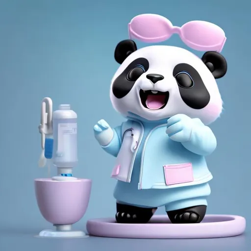 Prompt: tiny cute female panda toy, standing character, soft smooth lighting, soft pastel colors, skottie young, 3d blender render, polycount, modular constructivism, pop surrealism, physically based rendering, in light blue surgeon suit happy and smiling in dental clinic
