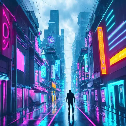 Prompt: Man walking down futuristic city street, neon lights on building, raining, stormy weather