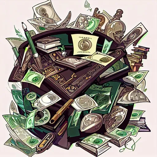 Prompt: Random vector doodle illustrations of rupiah money, money safe, keys, savings, pens and books, 