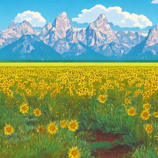 Prompt: Sun flower field with the Teton mountain in the background in a Studio ghibli landscape 