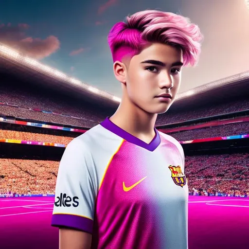 Prompt: Full body Portrait of {teenager} with {pink} hair and with cute face, {At the Spanish FC Barcelona stadium}, full body, perfect composition, hyperrealistic, super detailed, 8k, high quality, trending art, trending on artstation, sharp focus , Realistic background photo, intricate details, highly detailed.