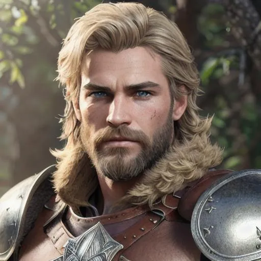 Prompt: Full body, male warrior, rugged looking, strong musculature, sandy blonde, very hairy chest, short wavy hair and short trimmed beard, full leather armor, very detailed eyes, UHD, 64K, sharp focus, studio photo, intricate details, highly detailed, by greg rutkowski