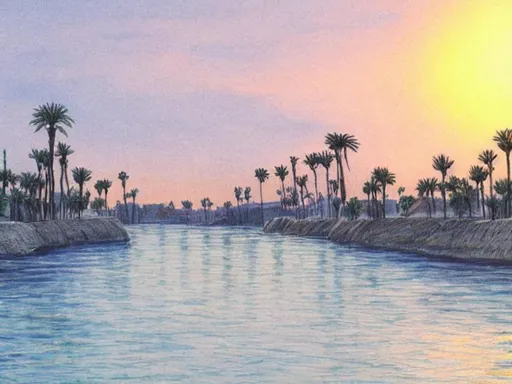 Prompt: euphrates river drawing palm trees coloured sunset 