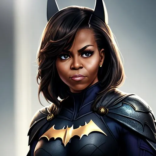 Prompt: Michelle Obama as Batman, beautiful detailed face, full body action pose,  highest quality, clear focus, deep color, full body, wearing a tanga, complementary colors, soft glow, fantasy concept art, 8k resolution, Artstation Unreal Engine 5 trend, Artgerm, WLOP, dynamic soft lighting, fantasy framing, hyper detailing, intricate detailing, Artstation process color trend, Unreal Engine Volumetric Engine Lighting Engine 5