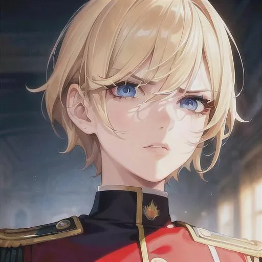 Prompt: (masterpiece, illustration, best quality:1.2), portrait, angry expression, mature look, eye bags under eyes, black eyelashes, pixie style haircut, blonde hair, blue eyes, all red German soldier uniform, best quality face, best quality, best quality skin, best quality eyes, best quality lips, ultra-detailed eyes, ultra-detailed hair, ultra-detailed, illustration, colorful, soft glow, 1 girl