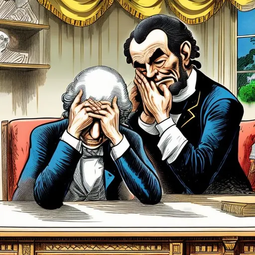 Prompt: George Washington and Abraham Lincoln facepalm, Oval Office Scene,  Sergio Aragonés MAD Magazine cartoon style 