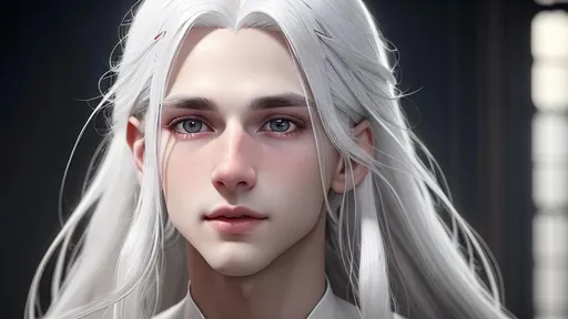 Prompt: A beautiful boy with no beard and long white hair, grey eyes, close-up face, detailed painting, 8k, perfect render, soft lighting, perfect composition, looking into camera, high-resolution painting
