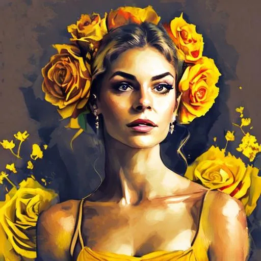 Prompt: pretty woman wearing a dress with peach and yellow roses in background , closeup