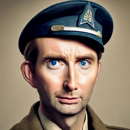 Prompt: photorealistic portrait of blond David Tennant wearing American world war 2 air force uniform , running toward camera, symmetrical face, ideal human, 85mm lens,f8, photography, ultra details, natural light, light background, photo, Studio lighting