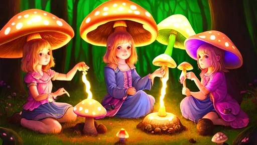 Prompt: portrait of cute girls playing, glowing fantasy mushrooms, ritual, magic