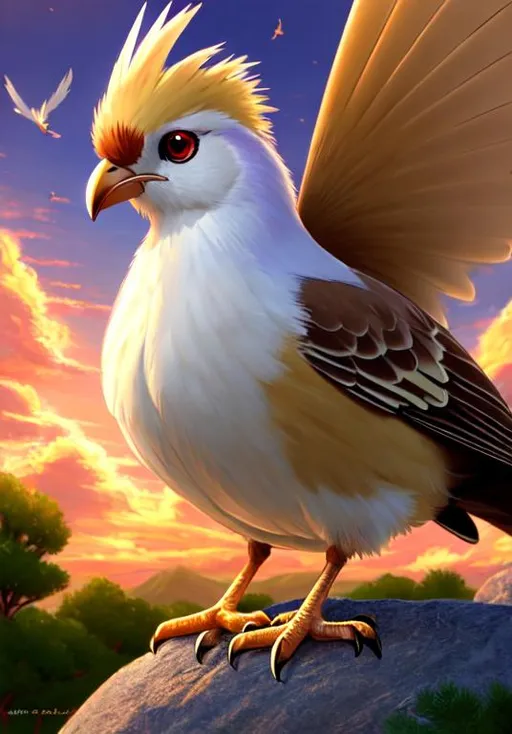 Prompt: UHD, , 8k,  oil painting, Anime,  Very detailed, zoomed out view of character, HD, High Quality, Anime, , Pokemon, Pidgey is a small, plump-bodied avian Pokémon with bold sharp facial features and a sharp crooked beak. It is primarily brown with a cream-colored face, underside, and flight feathers. On top of its head is a short crest of three tufts. The center crest feathers are brown and the outer two tufts are cream-colored. Just under its crest are its narrow eyes which have white sclera and pupil along with its black irises. Angular black marking extend from behind its eyes and continue down its cheeks. It has a short, stubby beak and feet with two toes in front and one in back. Both its beak and feet are a grayish-pink. It has a short, brown tail made of three feathers.

Pidgey has an extremely sharp sense of direction and homing instincts. It can travel straight back to its nest regardless of how far away they might have flown. It is a docile Pokémon and generally prefers to flee from its enemies rather than fight them. By flapping its wings rapidly, it can whip up dust clouds and create whirlwinds to protect itself and flush out potential pre

Pokémon by Frank Frazetta